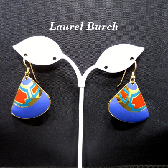 Laurel Burch Blue Red Teal Fan Earrings, Gold Fill