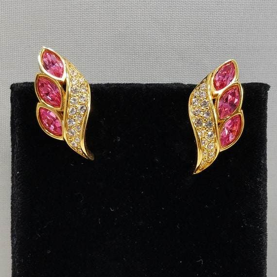 S. A. L. Swarovski Pink Rhinestone Earrings, Gold… - image 4
