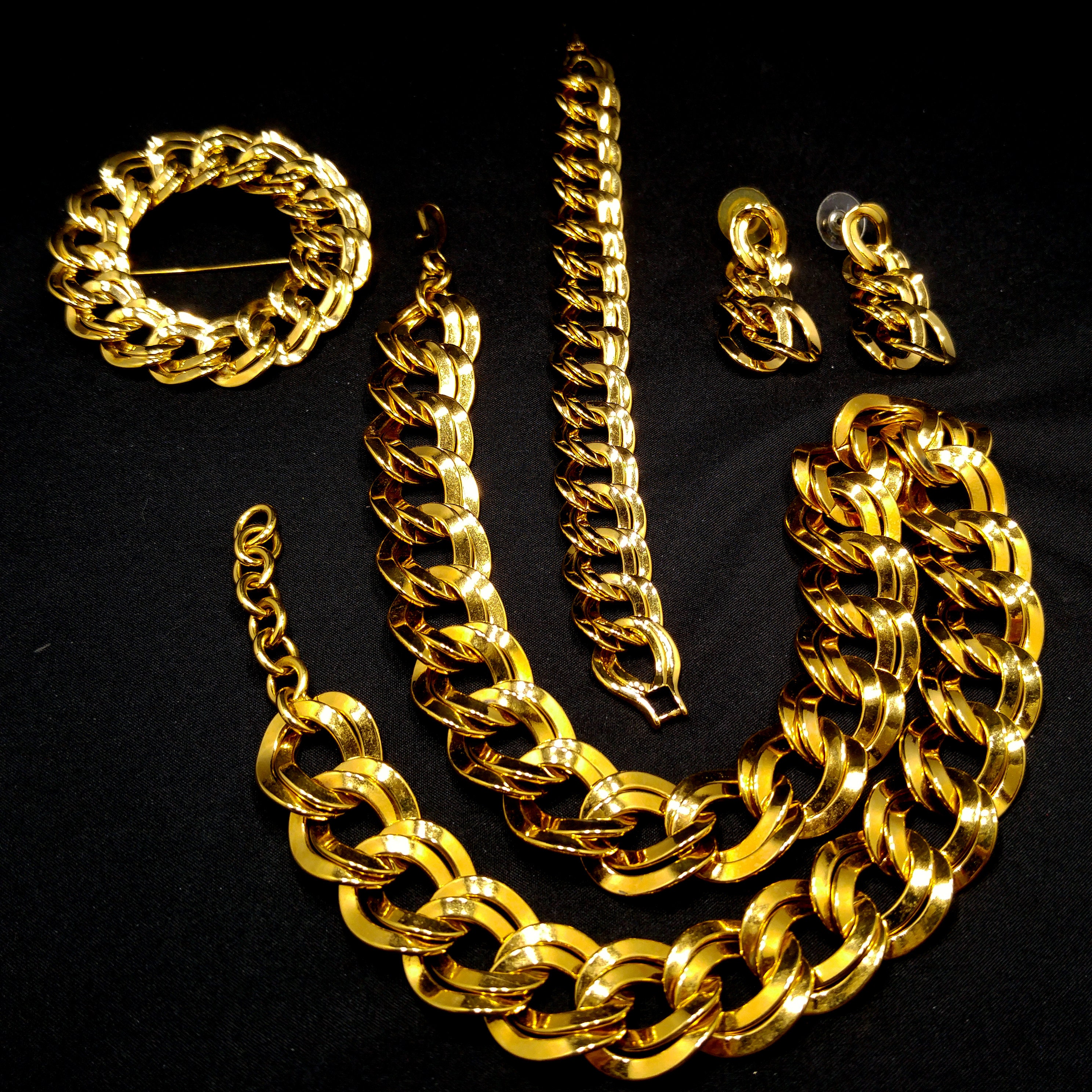 Monet Chunky Necklace Bracelet Brooch Earrings Set, Gold