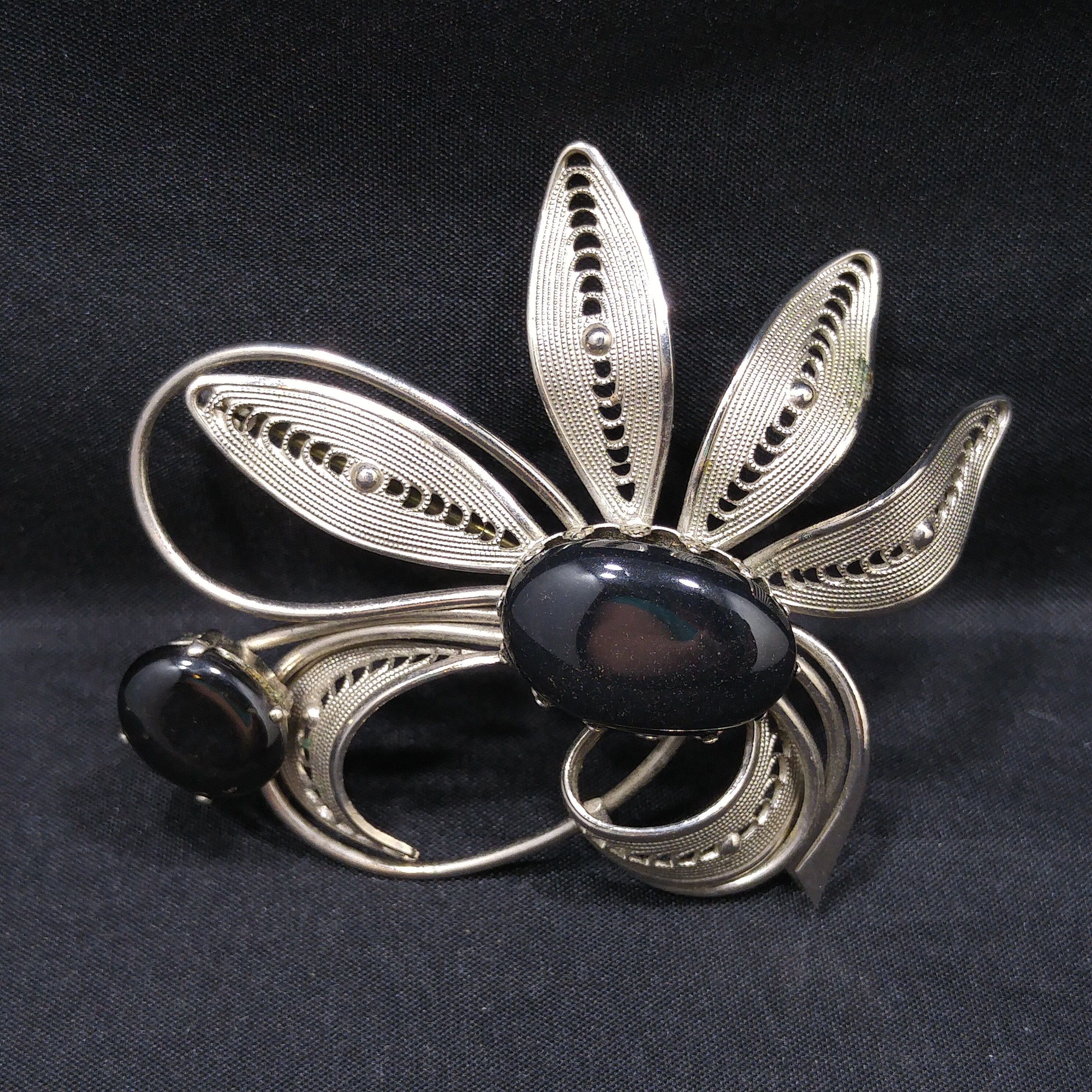 Western Germany Black & Silver Floral Brooch, Black Glass