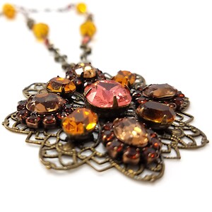 Liz Palacios Crystal Rhinestone Pendant Necklace, Light Topaz Peach Swarovski Crystals, 1990s Vintage Jewelry image 5