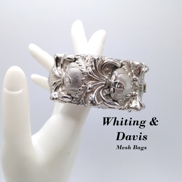 Whiting & Davis Floral Wide Bracelet, Rhodium Plated, Book Piece, 1970s Vintage Jewelry