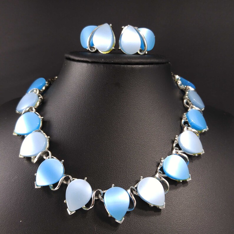 Mid Century Leaves Blue Necklace & Earrings Thermoset Links Etsy