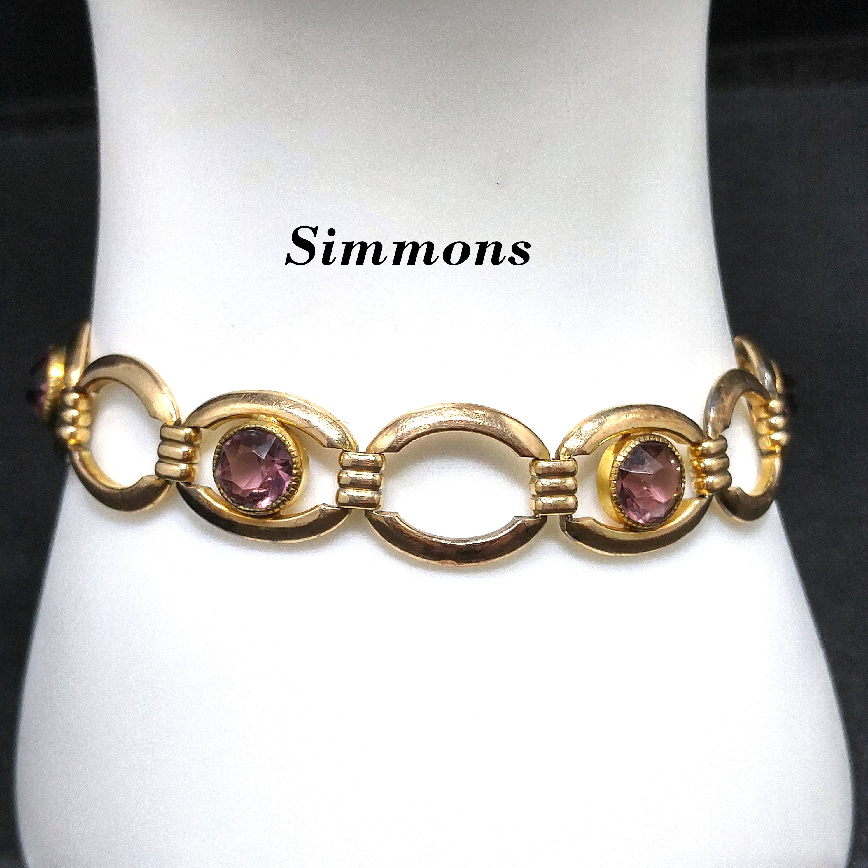 Vintage Gold Plated Purple Glass Bracelet, Signed Simmons Vintage Gold Plated Purple Glass Bracelet, Signed Simmons