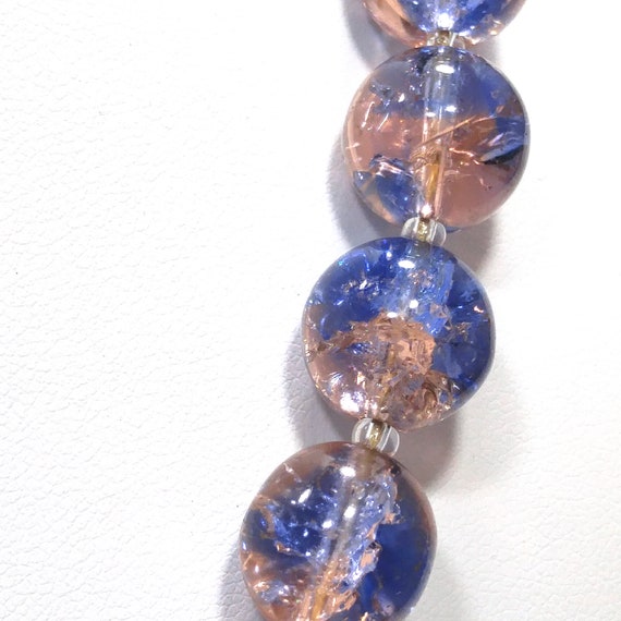 Blue Pink Crackle Glass Beaded Necklace, Filigree… - image 4