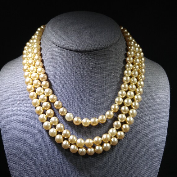 Faux Pearl Champagne Necklace, Three Strands, Gla… - image 2