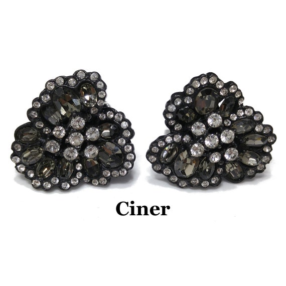 Ciner Black Flower Rhinestone Earrings, Clear & Gr