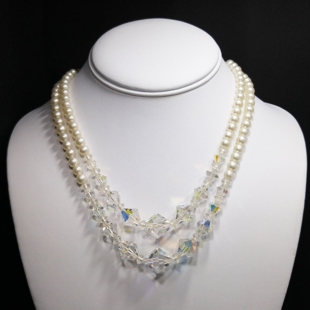 Faux Pearl AB Crystal Beaded Necklace 2 Strands 1950s - Etsy