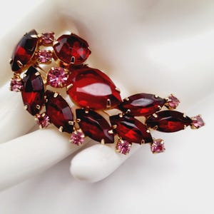 Vintage Red Pink Rhinestones Floral Spray Gold Plated Brooch Pin, 2 1/2 Inches