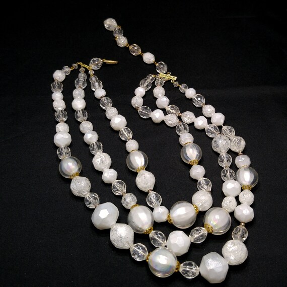 West Germany White Beaded Necklace, Three Strands… - image 4