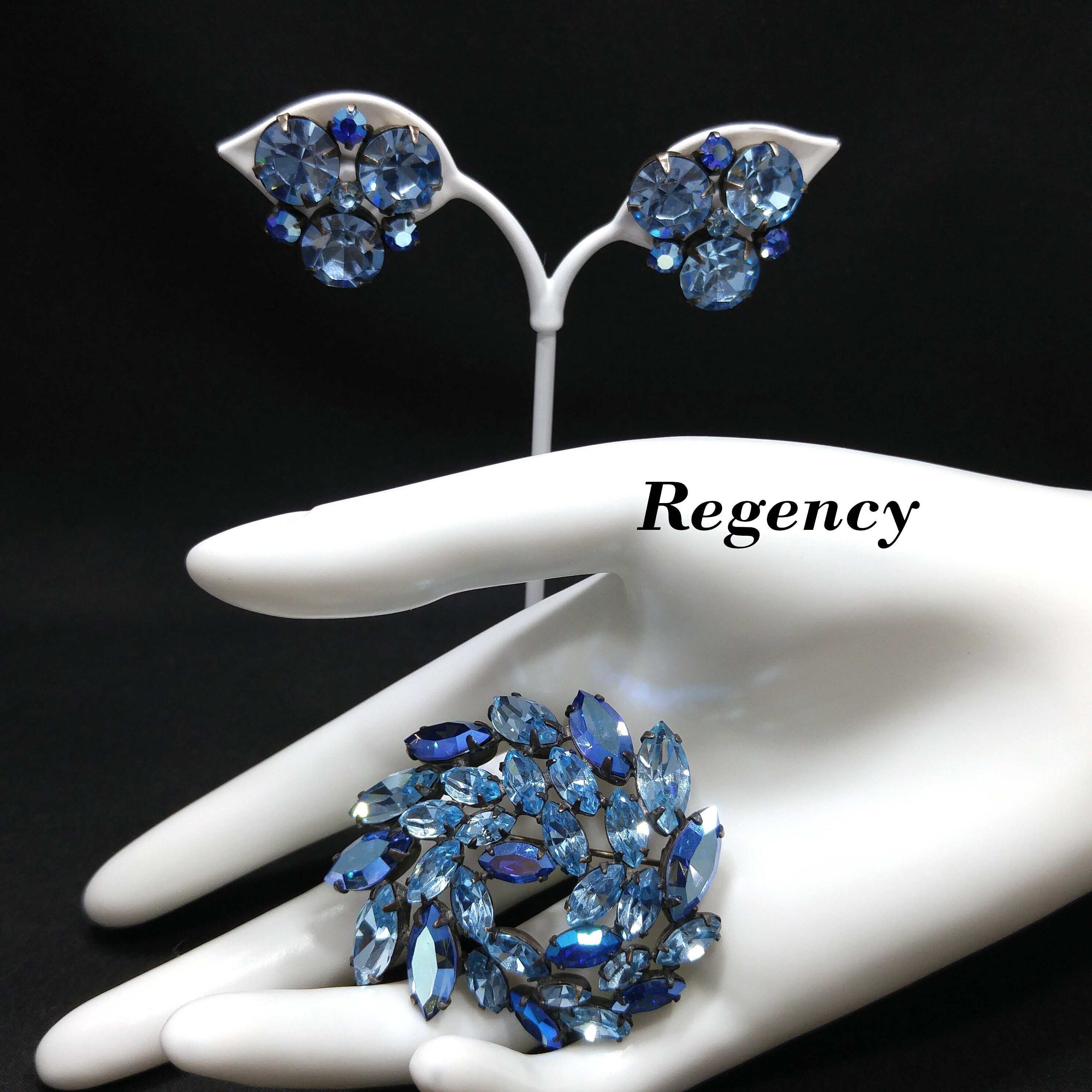 Vintage Blue & Green Rhinestone Flower Brooch Pin, 1950's