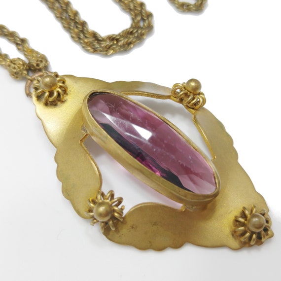 Victorian Purple Glass Pendant Necklace, Golden B… - image 9