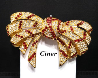 Ciner Red Clear Rhinestone Bow Large Brooch, Gold Plated, Original Tags, Vintage Jewelry