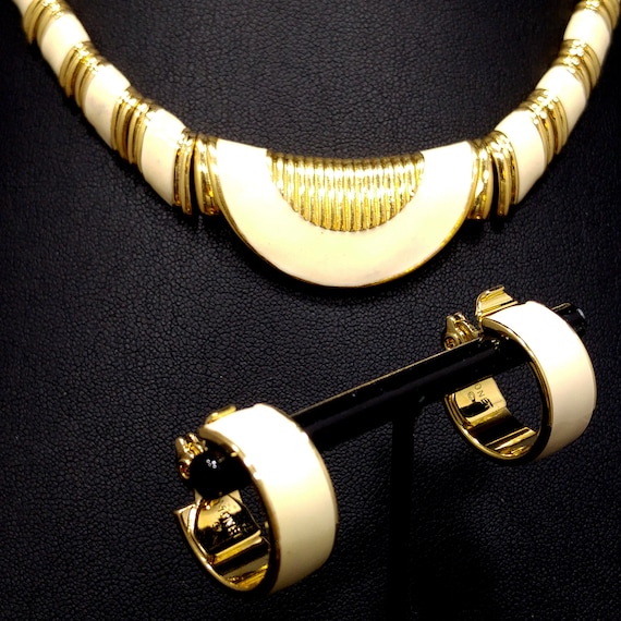 Monet Cream Enamel Gold Plated Necklace & Earring… - image 3