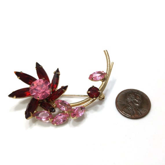 Red & Pink Rhinestone Flower Brooch, Gold Plated … - image 8