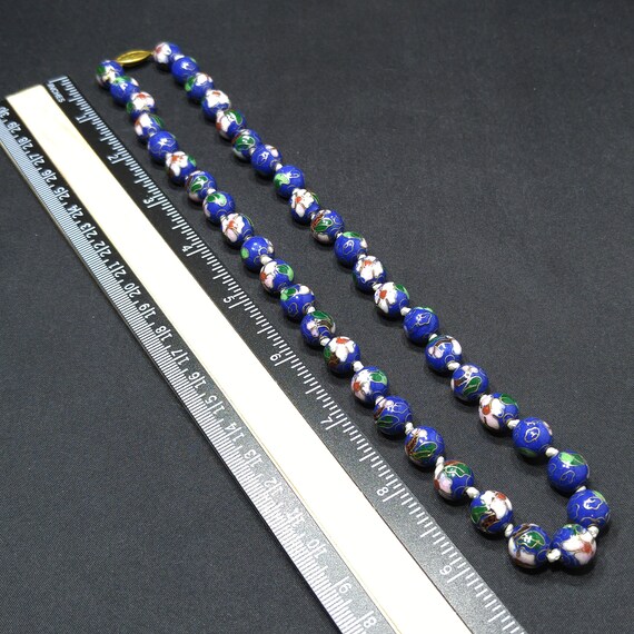 Cloisonne Blue Beaded Necklace, Floral Hand Paint… - image 6
