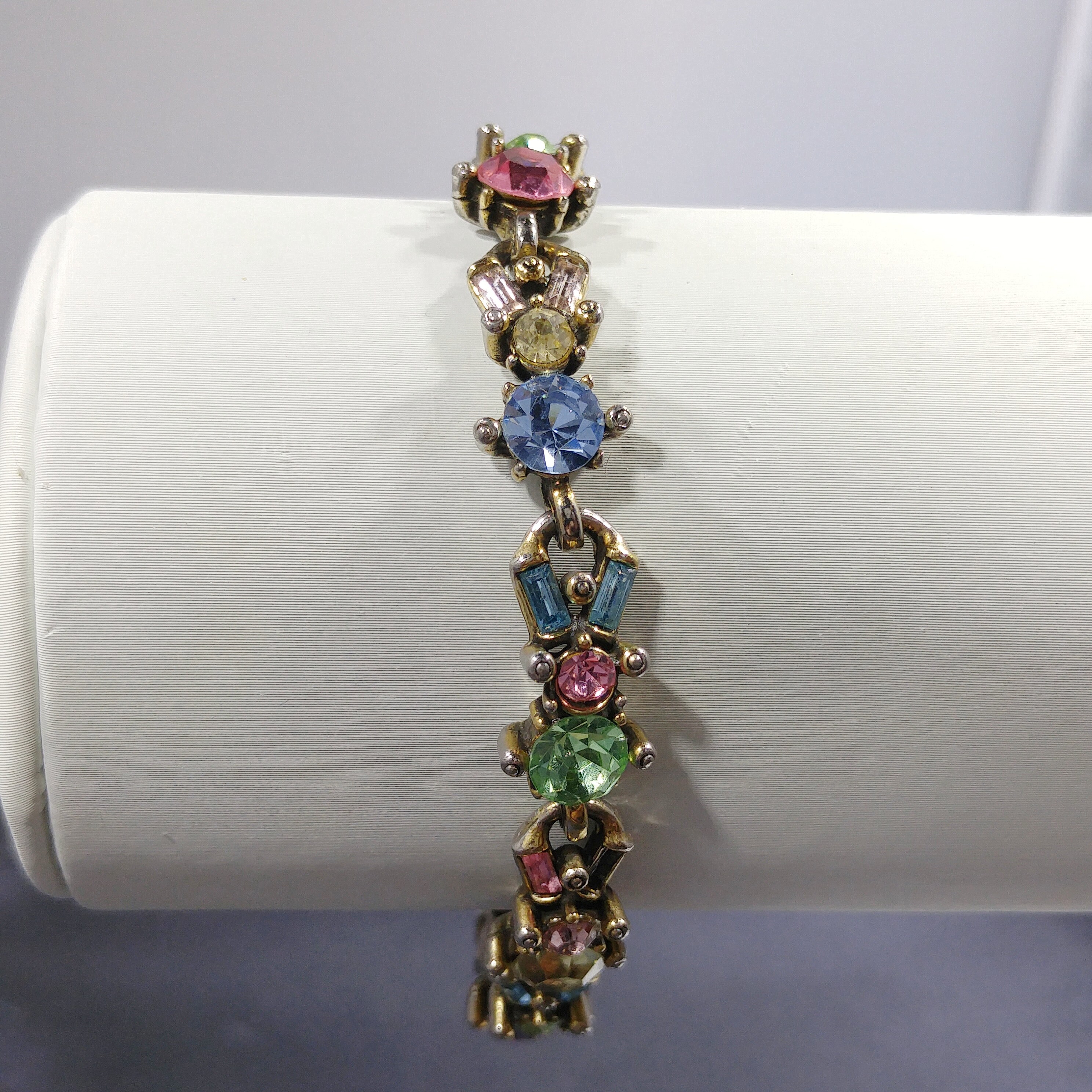 Hollycraft Pastel Rhinestone Bracelet, Stamped Copr 1955
