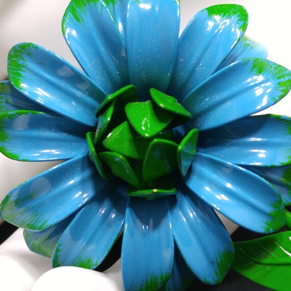 Large Flower Brooch, Blue & Green Enamel on Metal… - image 3