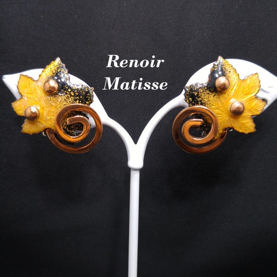 Renoir Matisse Leaf Enameled Copper Earrings, 195… - image 1