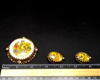 West Germany Floral Filigree Brooch & Earrings, Aurora
