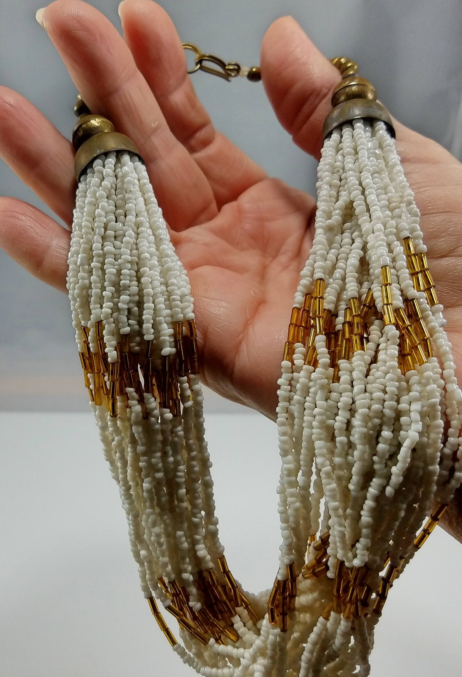 Vintage Seed Bead Multistrand Choker Necklace White & Gold Etsy