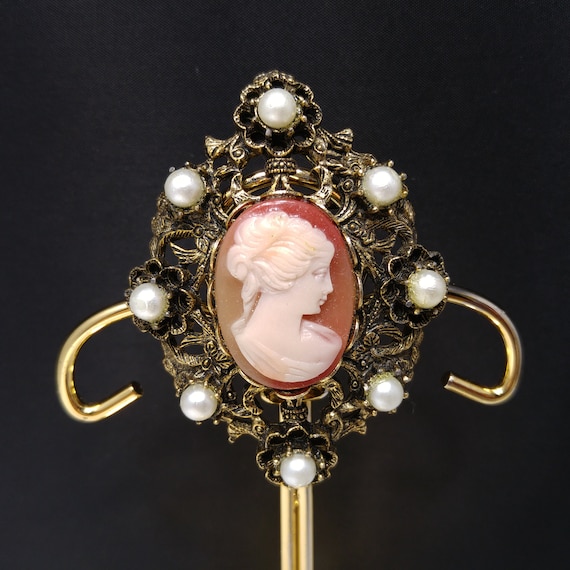 Cameo Faux Pearl Filigree Brooch & Pendant, 1960s… - image 3