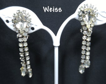 Weiss Rhinestone Dangle Clip Earrings, Clear Rhinestones, Bridal Wedding Earrings, Mid-Century Vintage Jewelry