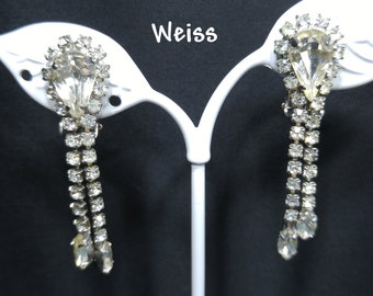 Weiss Strass Ohrclips, Klare Strasssteine, Braut Hochzeit Ohrringe, Mid-Century Vintage Schmuck