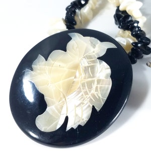Owl Mother of Pearl Inlay Oval Pendant Necklace, Shell Beads, Black ...