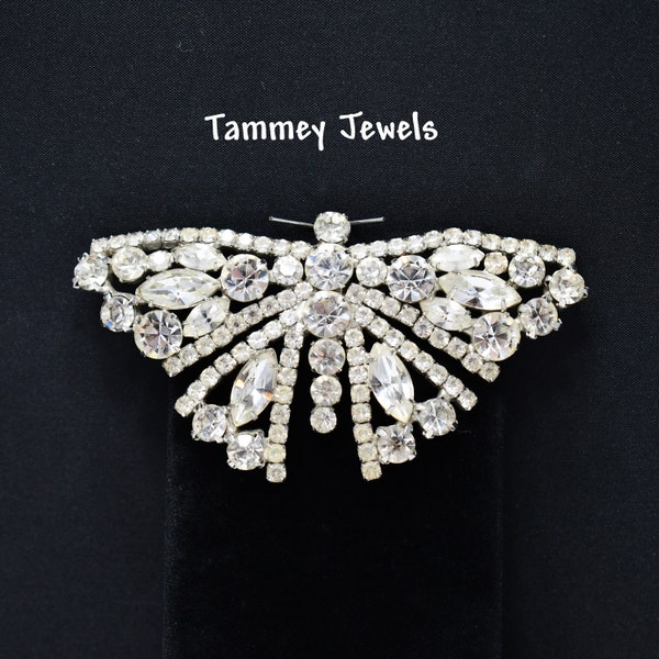 Tammey Jewels Clear Rhinestone Butterfly Brooch, 1960s Vintage Jewelry