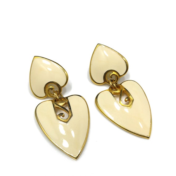 Berebi Cream Enamel Gold Post Earrings, Dangle He… - image 8