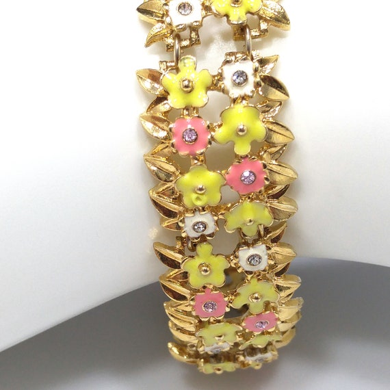 Monet Floral Enamel Bracelet, Pink Yellow & White… - image 5