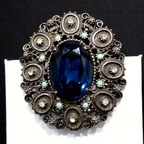 Florenza Blue Faceted Glass Brooch & Pendant, Ant… - image 7