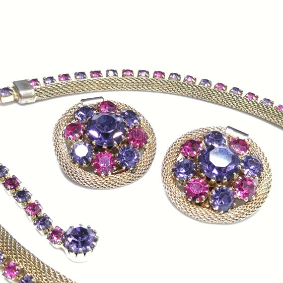 Weiss Mesh Purple Pink Rhinestone Necklace & Earr… - image 2