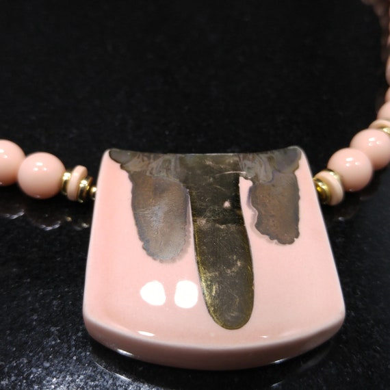 Japan Ceramic Peach & Bronze Pendant Beaded Neckl… - image 5