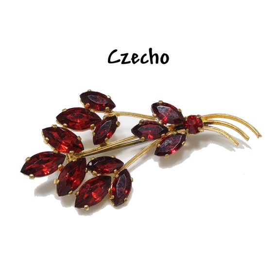 Czecho Red Rhinestone Floral Spray Brooch 1950s Vintage Jewelry