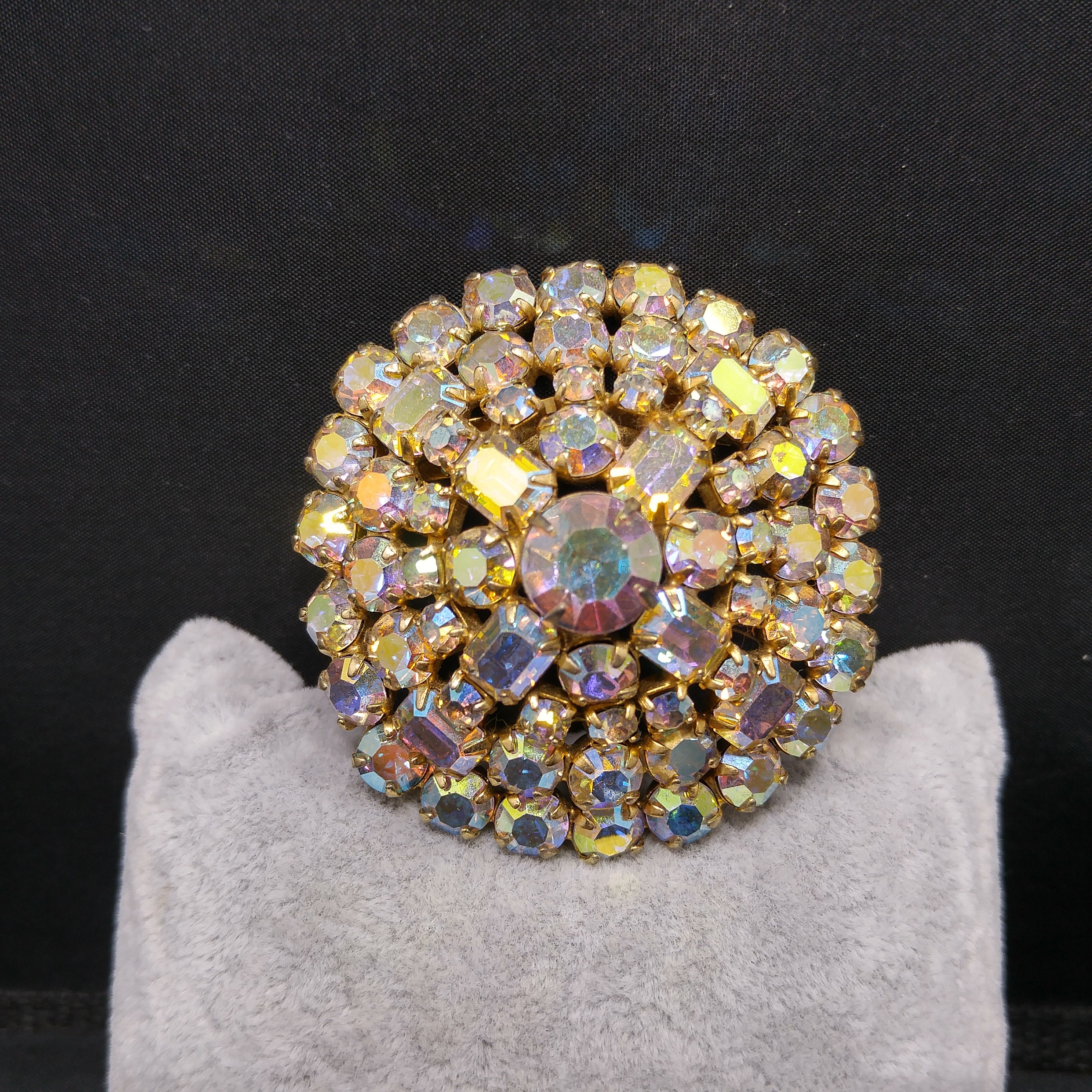Aurora Borealis Clear Rhinestone Domed Brooch, 1960s Vintage