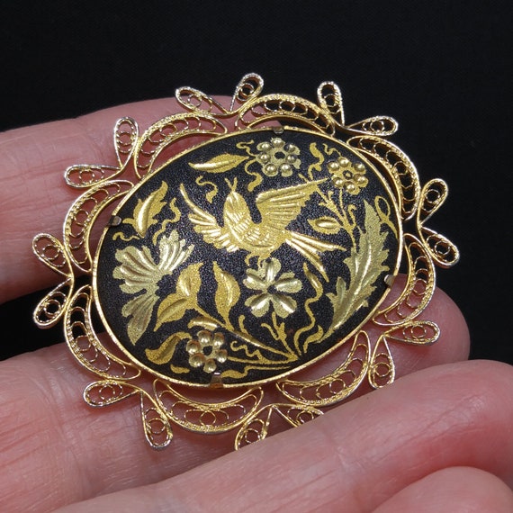 Damascene Filigree Oval Brooch, Flower & Bird Pin… - image 4