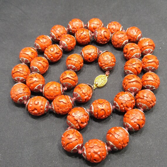 Hand Carved Red Bead Necklace, Chinese Import, Ha… - image 6