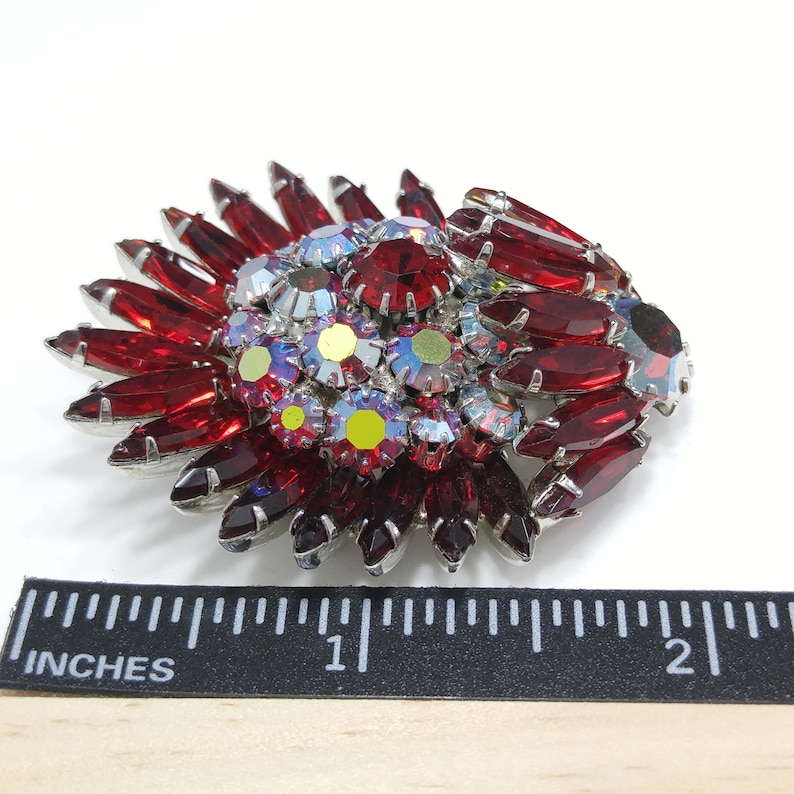 Ruby Red Rhinestone Navette Brooch, Unsigned Designer Beauty, Rhodium Plated, 1960s Vintage Jewelry image 5