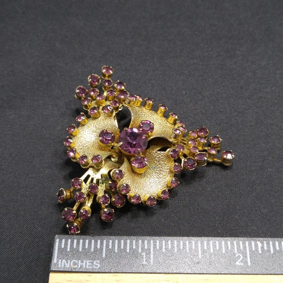 Purple Rhinestone Flower Brooch, Gold Plated, 195… - image 7