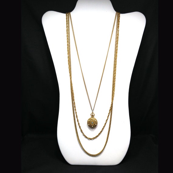 Goldette Three Strand Necklace, Long Chains & Pen… - image 2