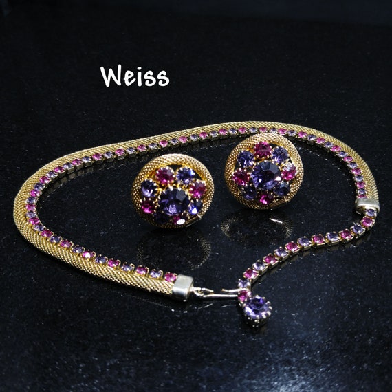 Weiss Mesh Purple Pink Rhinestone Necklace & Earr… - image 10