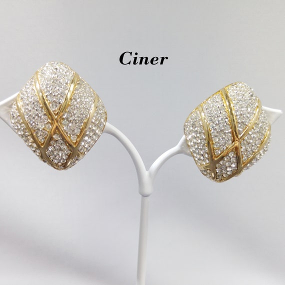 Ciner Pave Rhinestone Clip Earrings, Gold Plated,… - image 1