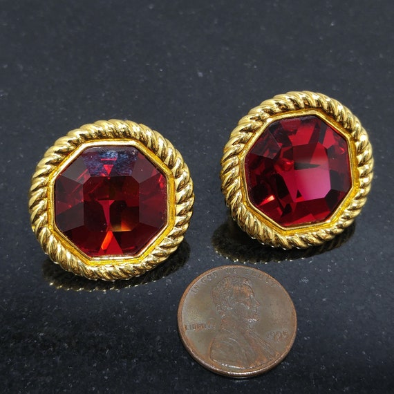 Swarovski Red Crystal Faceted Clip Earrings, Gold… - image 6