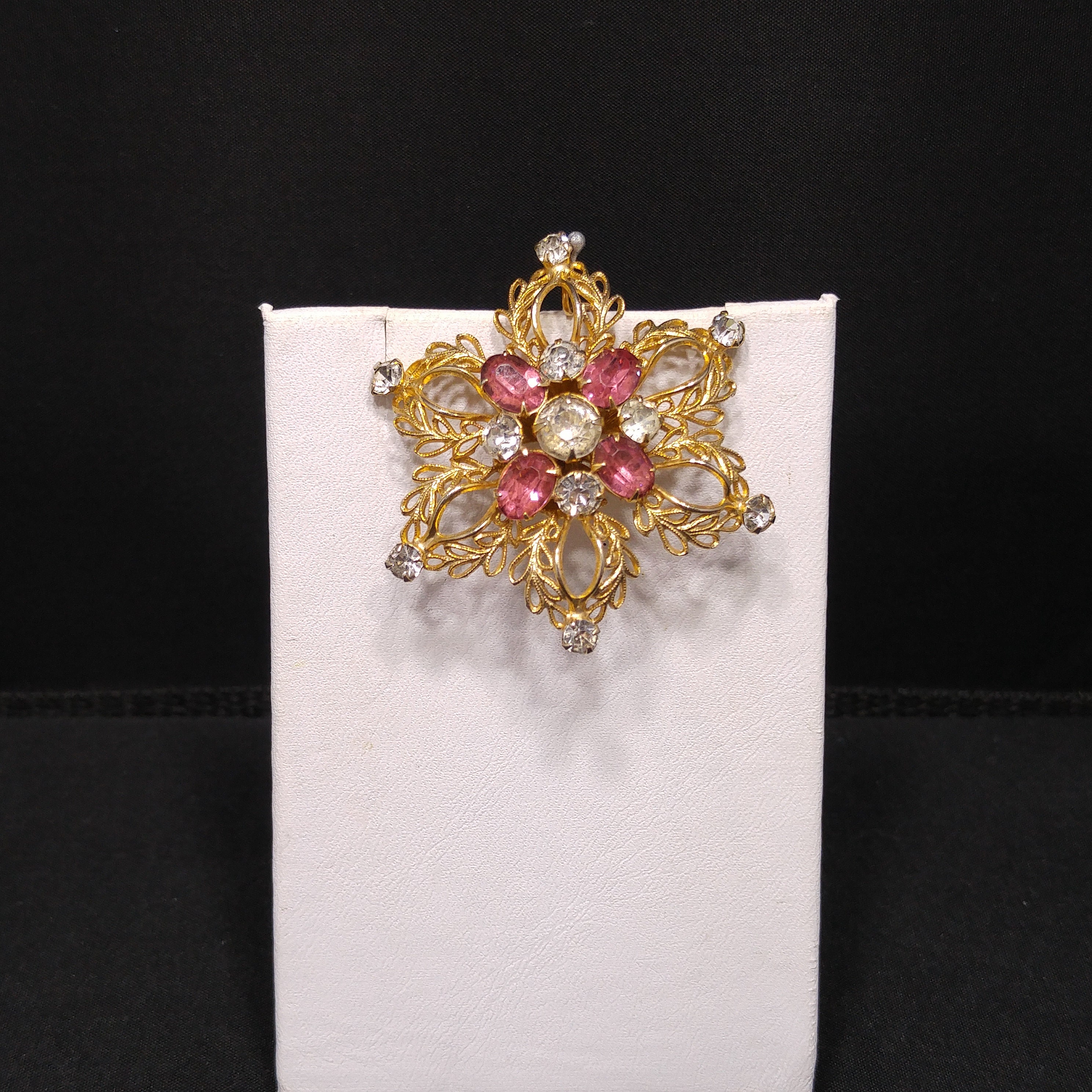 Scitarelli Mid-century Pink Clear Rhinestone Floral Brooch