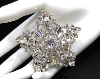 Vintage Clear Rhinestone Five Star Brooch, Heavily Rhodium