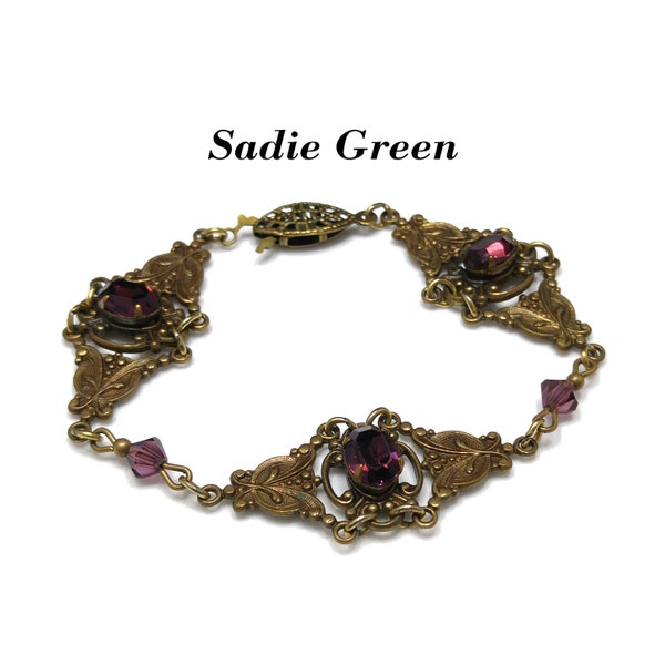 Sadie Green Art Nouveau Purple Bracelet, Golden Brass & Faux Amethyst, 6 3/4" Length, 1980s Vintage Jewelry