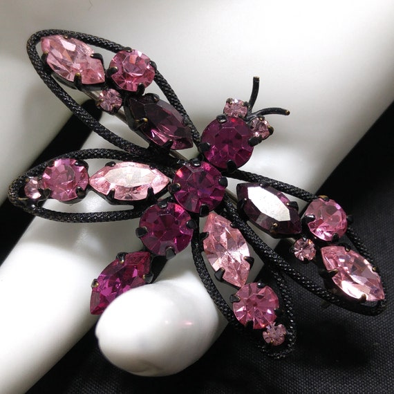 Austrian Pink Butterfly Brooch, Japanned Black En… - image 3
