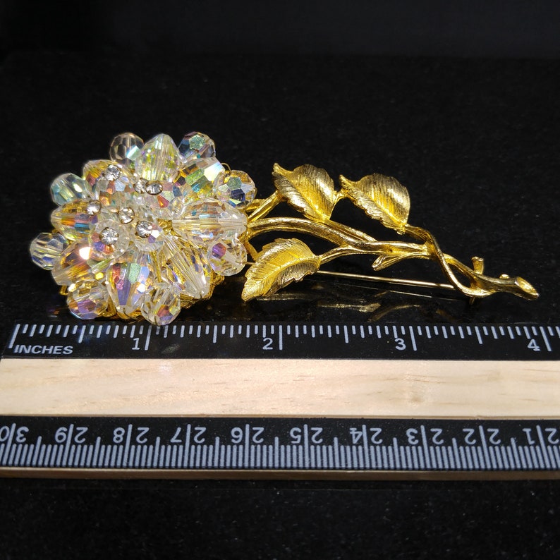 1960s Vintage Jewelry Austrian Crystal Beaded Flower Brooch Gold Tone